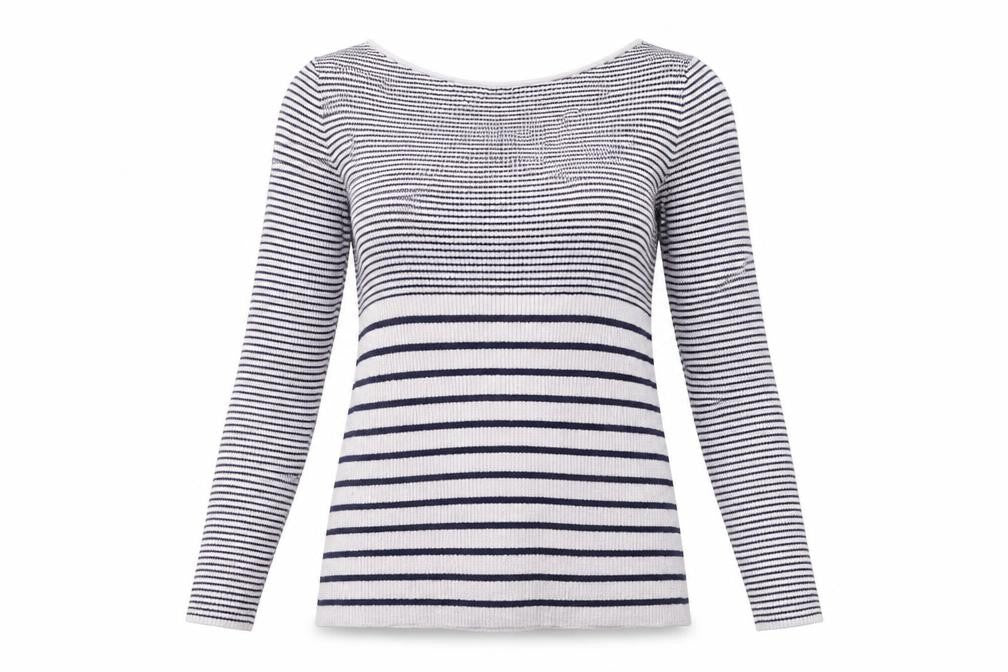 Front view of Gap women’s white striped jumper, size S