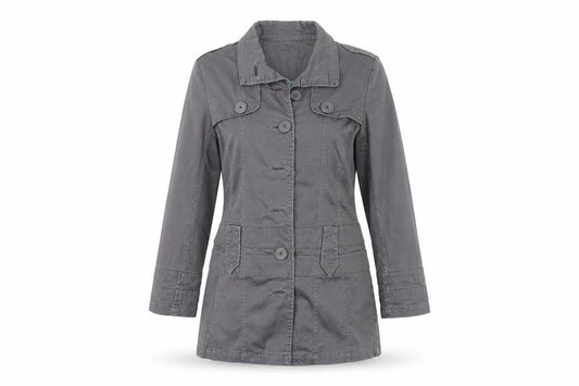 Front view of Frida G women’s grey jacket coat, size UK 10
