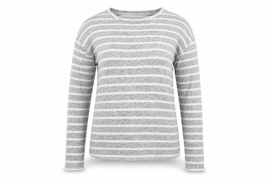Front view of Papaya women’s grey striped jumper, size M