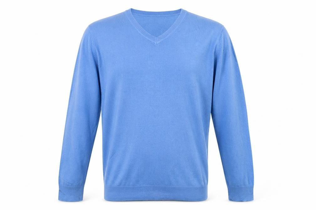 Front view of Cedarwood State men’s blue knit pullover sweatshirt, size XL