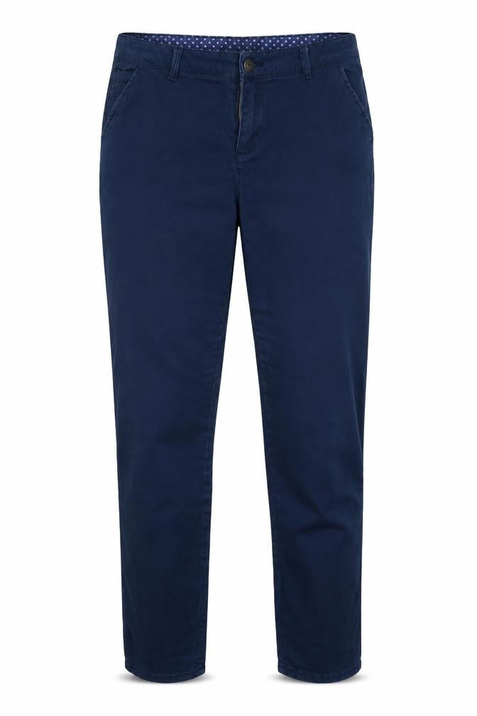 Front view of retro appearel women’s blue trousers, size UK 12, 31-inch leg