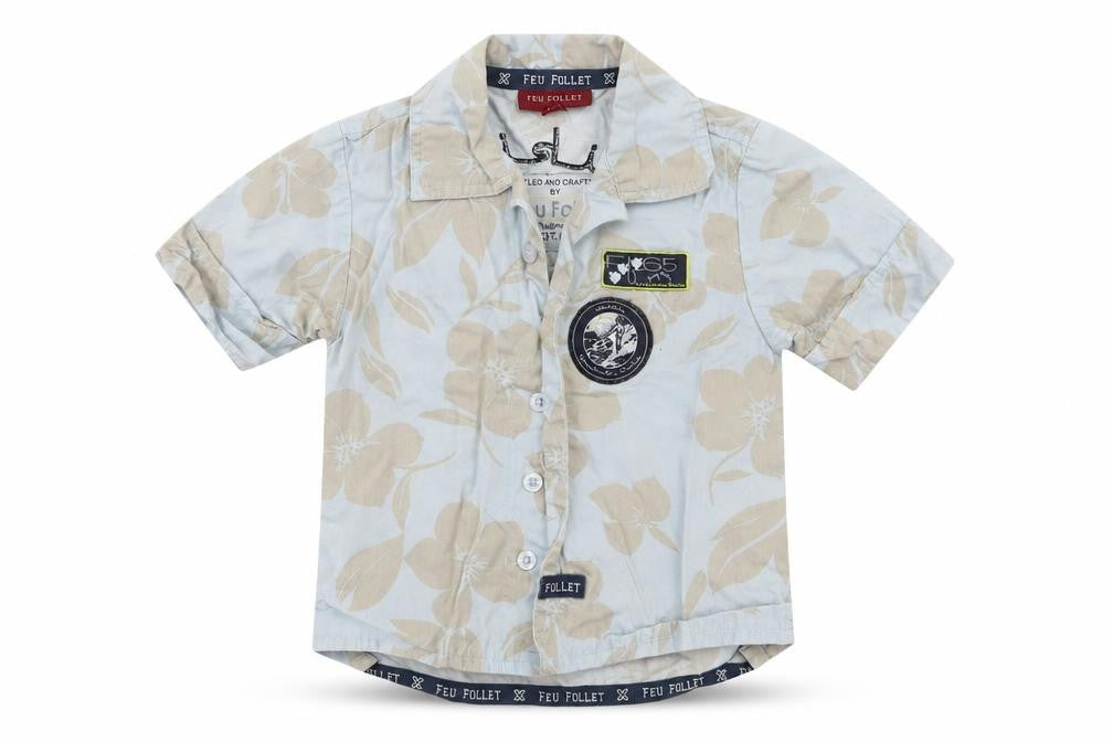 Front view of Feu Follet boys’ blue floral basic button-up, size 2-3, years