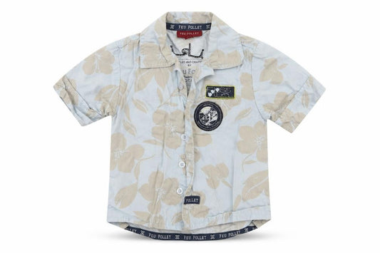 Front view of Feu Follet boys’ blue floral basic button-up, size 2-3, years