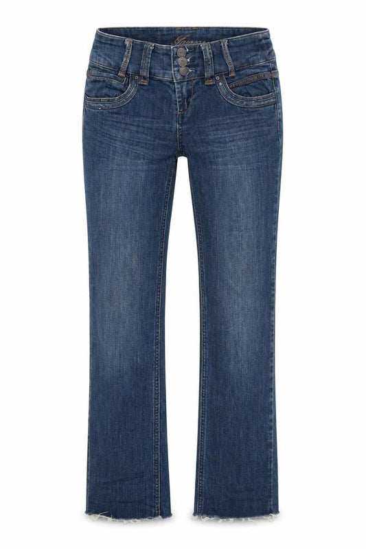 Front view of women’s blue straight jeans, size UK 26, 28-inch leg
