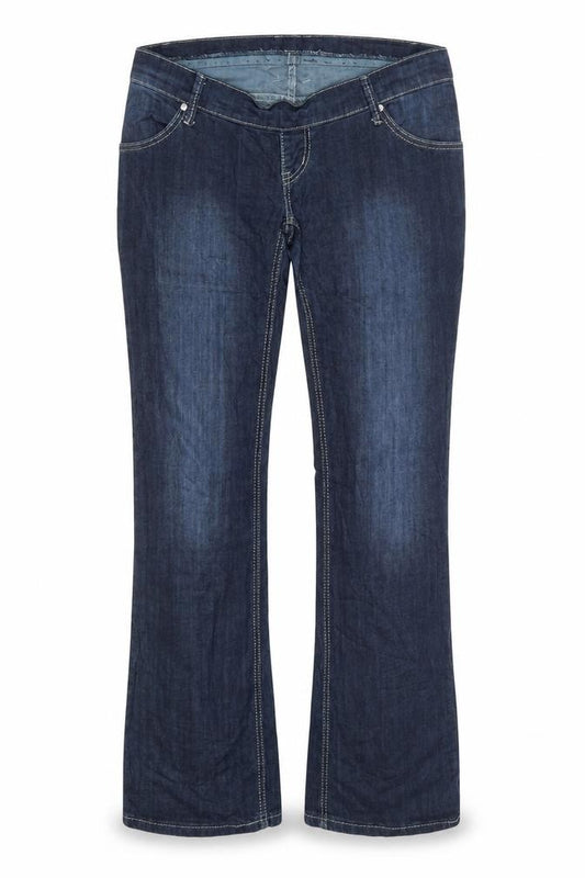 Front view of makpl women’s blue bootcut jeans, size XL, 32-inch leg