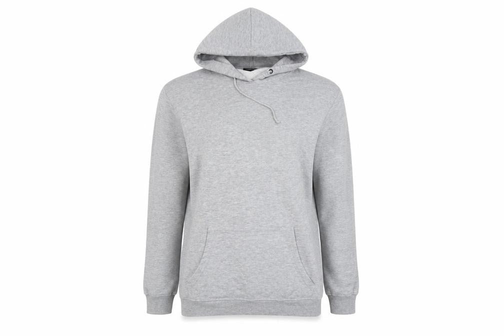Front view of PRETTYLITTLETHING women’s grey pullover hoodie, size UK 8