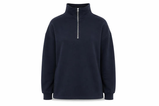Front view of US BASIC women’s blue pullover sweatshirt, size M