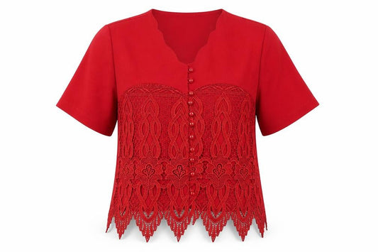 Front view of Mac Collection women’s red lace basic button-up, size M
