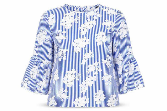 Front view of Atmosphere women’s blue striped basic blouse, size UK 12
