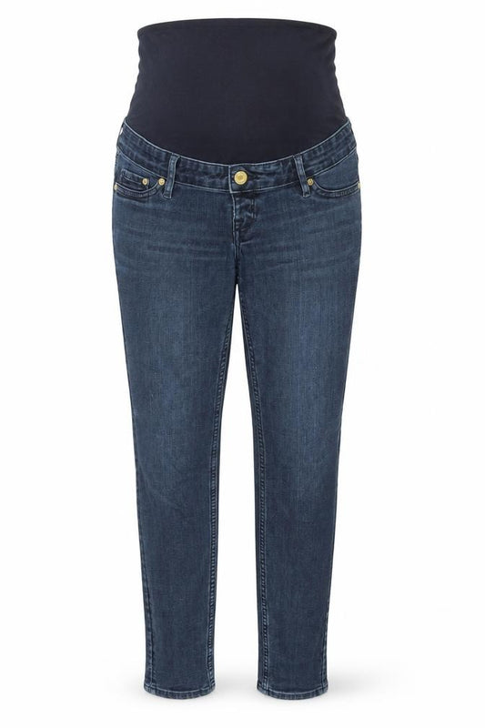 Front view of H&M women’s blue denim mom jeans, size UK 8, 30-inch leg