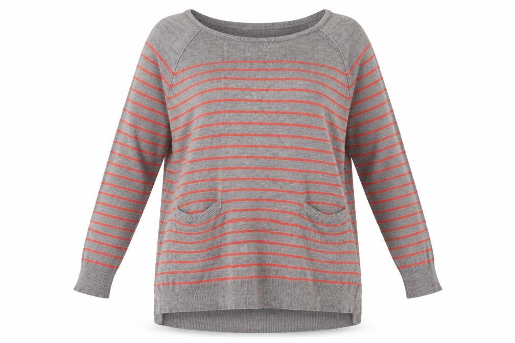 Front view of Papaya women’s grey striped knit jumper, size UK 16
