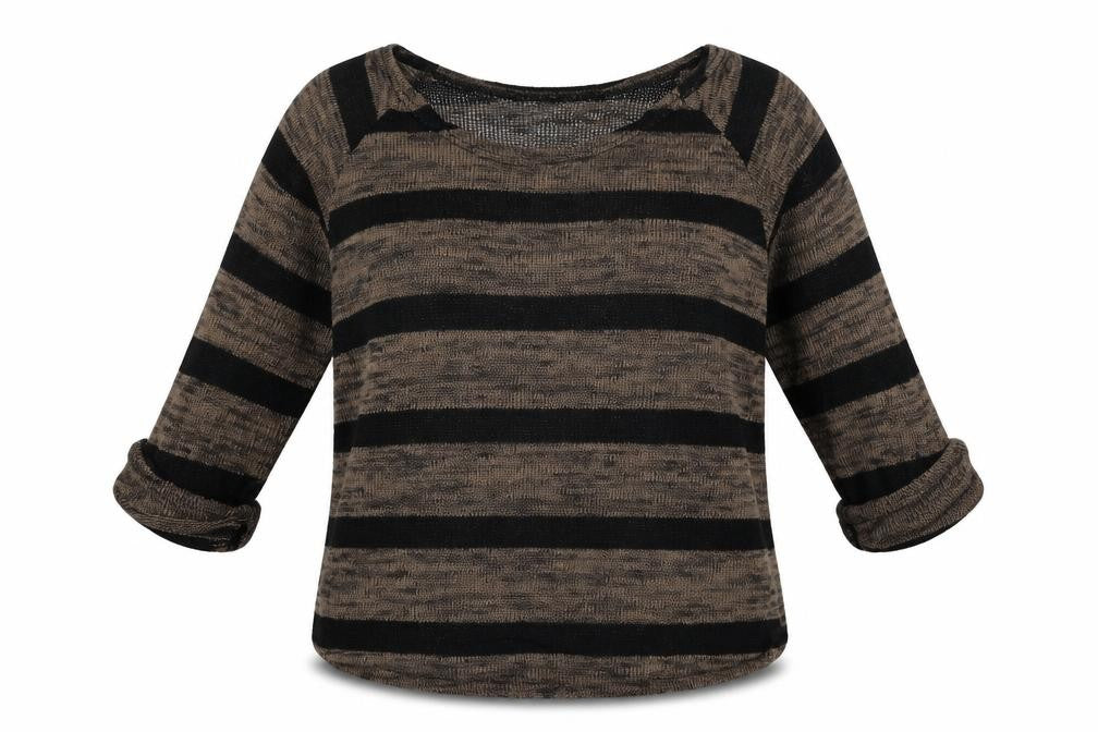 Front view of Next women’s black striped knit jumper, size UK 12