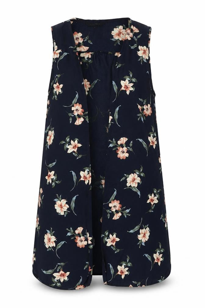 Front view of New Look women’s blue floral jacket waistcoat, size UK 12
