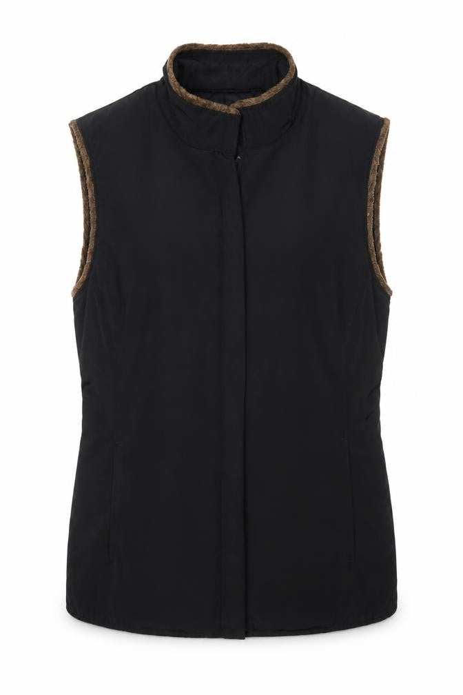 Front view of PLANET women’s black gilet coat, size UK 8
