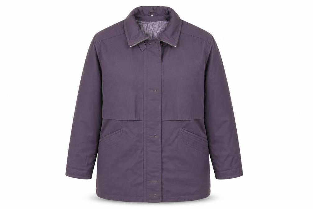 Front view of Preworn women’s purple jacket coat, size UK 8