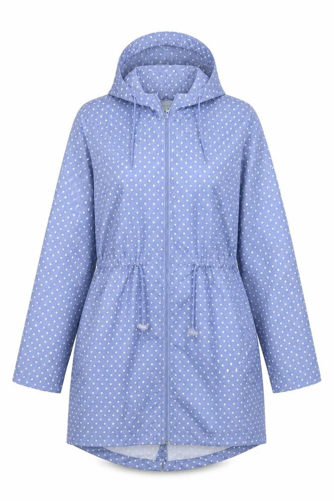 Front view of Parka in a Pocket women’s blue polka dot parka coat, size S