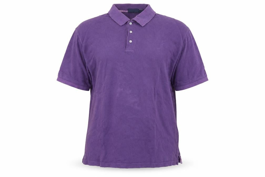 Front view of Basics Editions men’s purple polo, size L