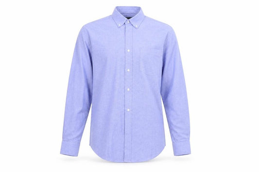 Front view of Avenue men’s blue button-up, size 15.5