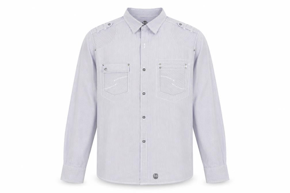 Front view of Next men’s blue striped button-up, size L