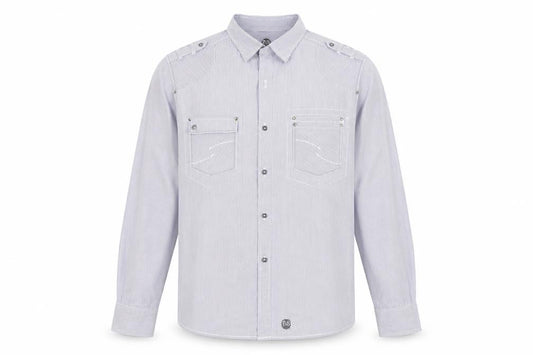 Front view of Next men’s blue striped button-up, size L