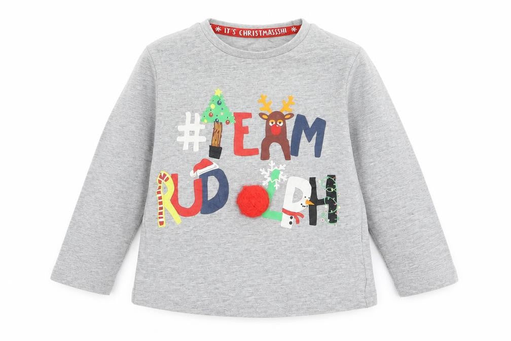 Front view of Tu Baby Grey Basic T-Shirt, size 3-6, Months - Christmas Rudolph