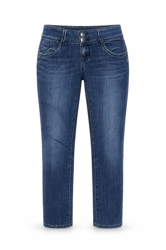 Front view of Dromedar women’s blue denim straight jeans, size UK 27, in, 28-inch leg