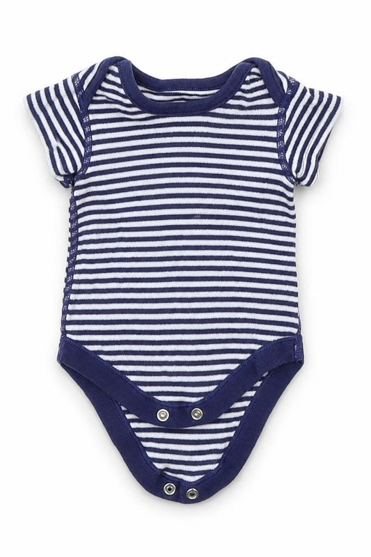 Front view of Marks & Spencer Baby Blue Striped Babygrow One-Piece, size 0-3, Months