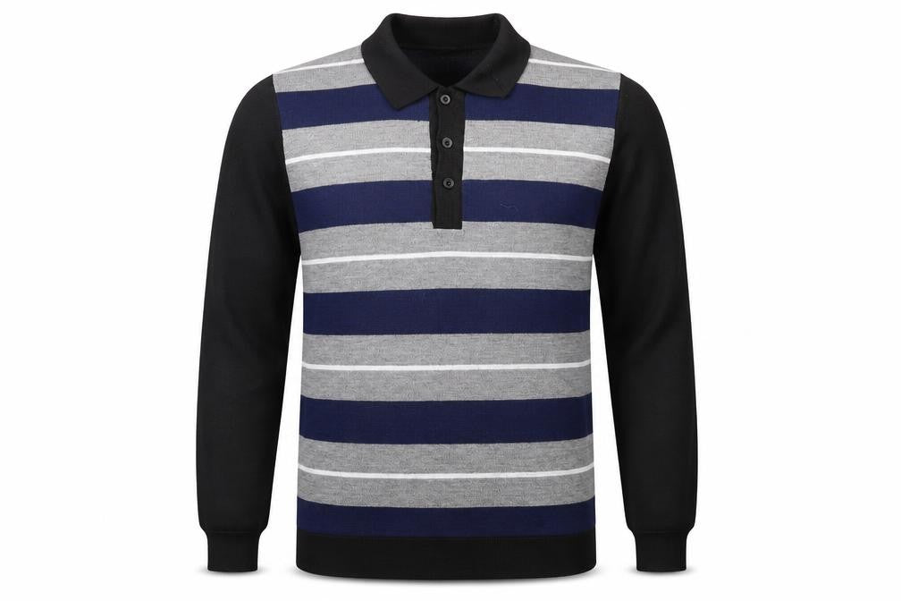 Front view of J.J.Willis men’s blue striped jumper, size M