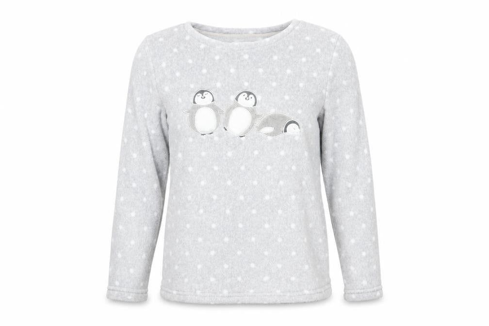 Front view of Made to Dream women’s grey polka dot pyjama top, size M, - penguin logo