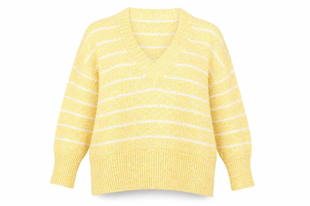 Front view of Marks & Spencer women’s yellow striped jumper, size L