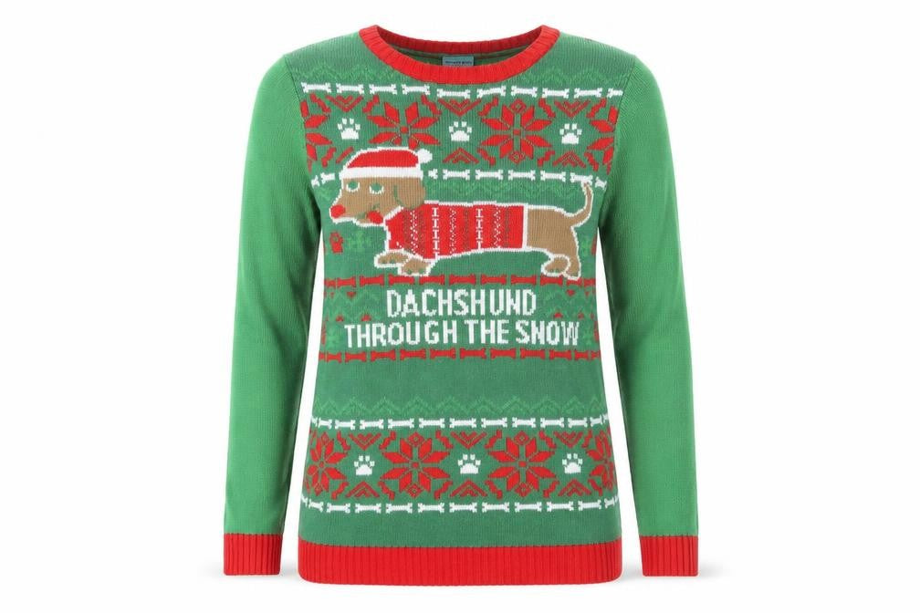 Front view of norther pole women’s green jumper, size S, - christmas