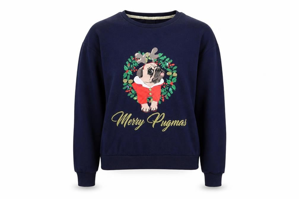 Front view of George women’s blue jumper, size S, - happy pugmas