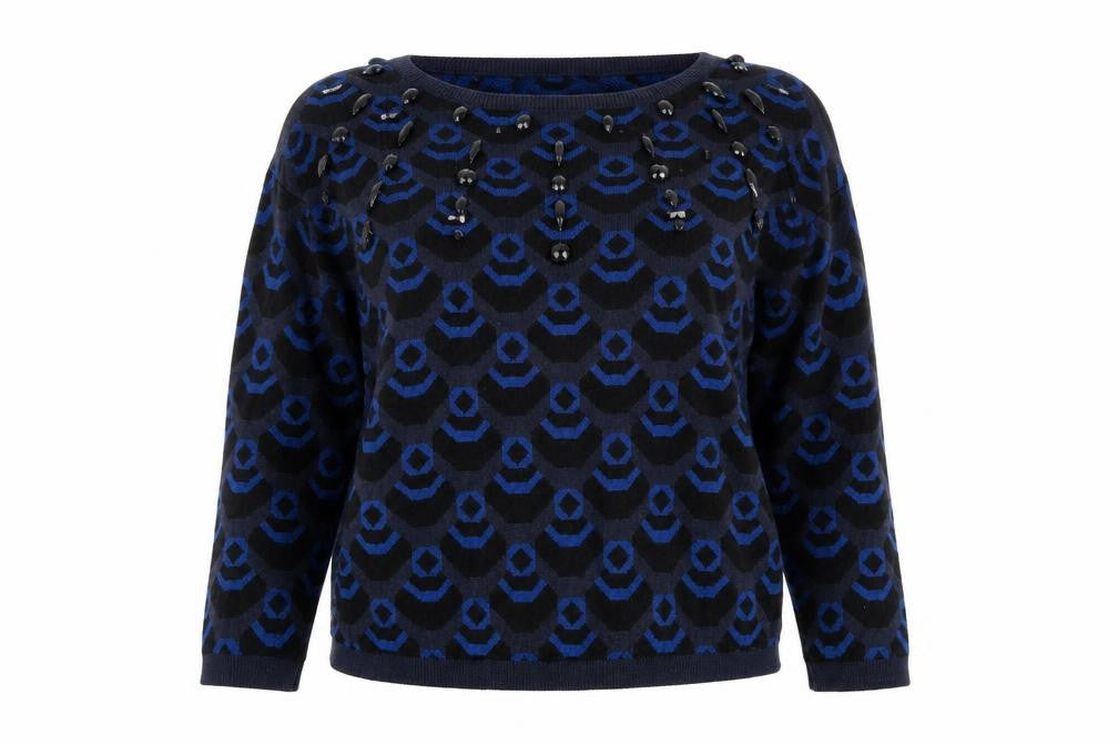 Front view of Next women’s blue geometric jumper, size UK 12, - gems