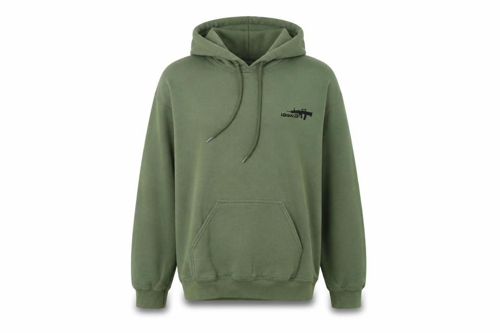 Front view of I Bravo 22 women’s green pullover hoodie, size S