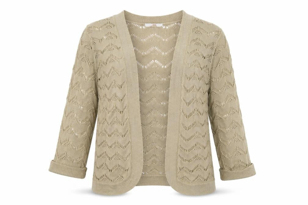 Front view of Julipa women’s beige cardigan jumper, size UK 12