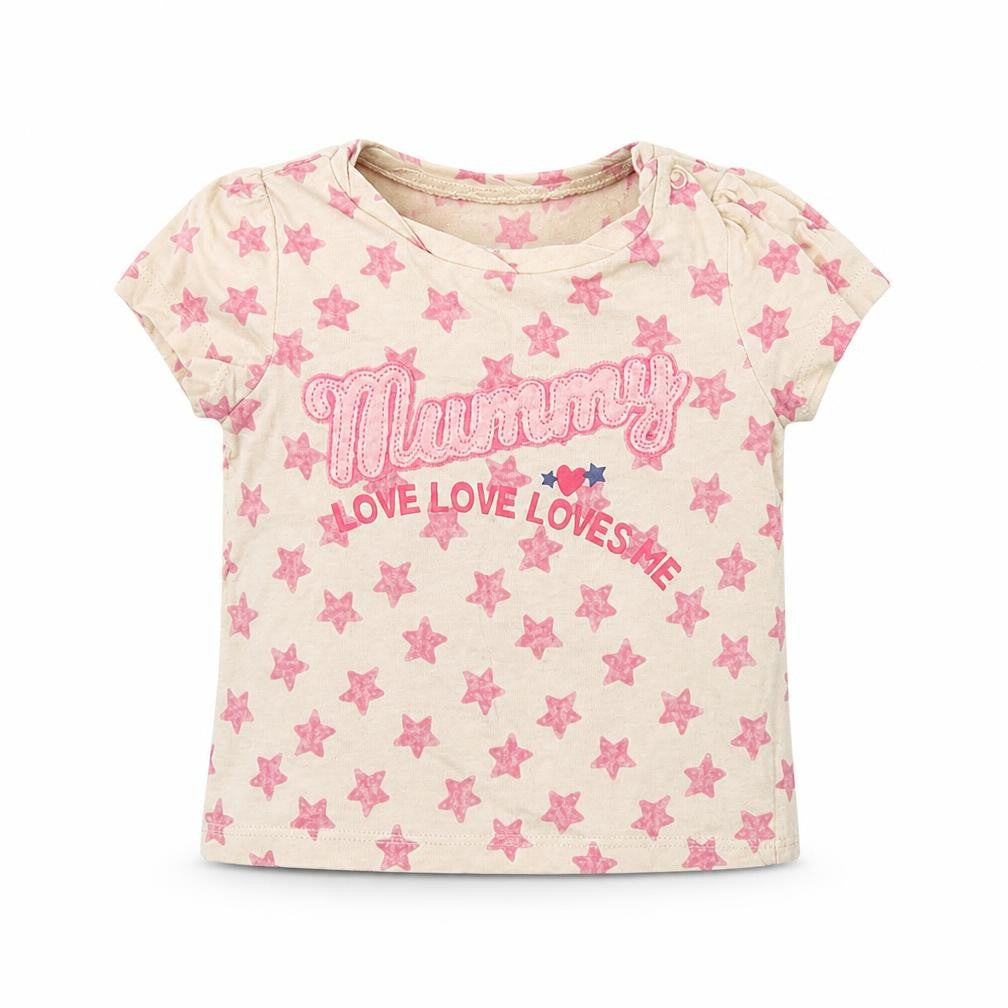 Front view of Mothercare Baby Beige Basic T-Shirt, size 3-6, Months - Star Print