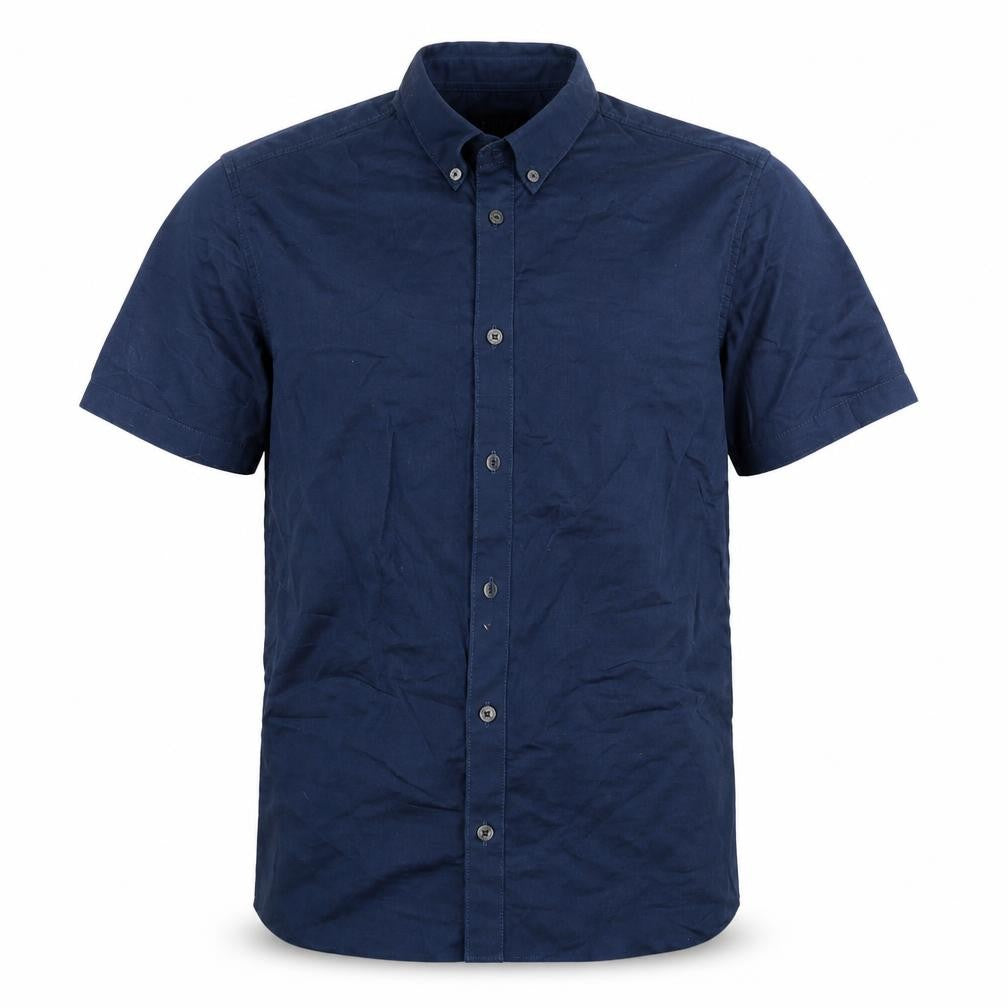 Front view of Burton men’s blue button-up, size M