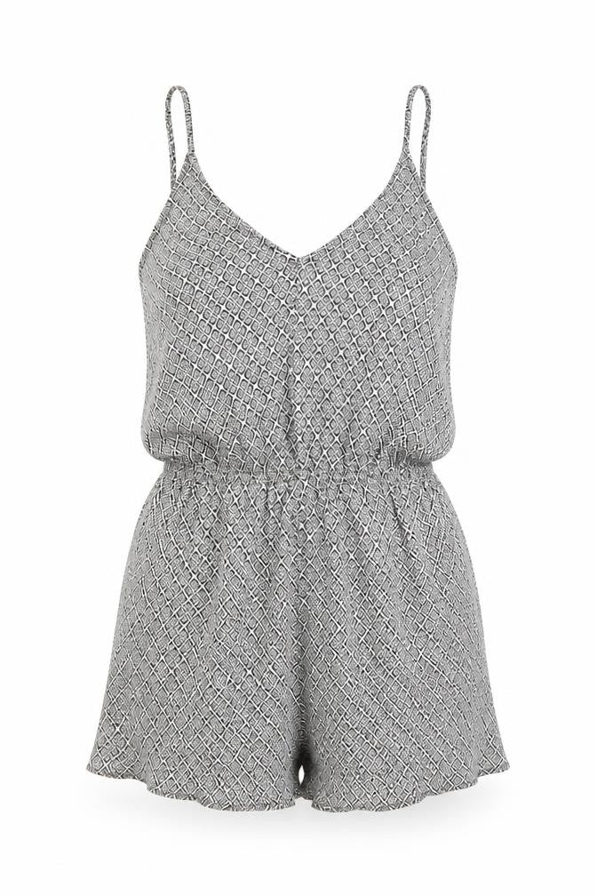 Front view of H&M women’s multicoloured geometric romper one-piece, size UK 8