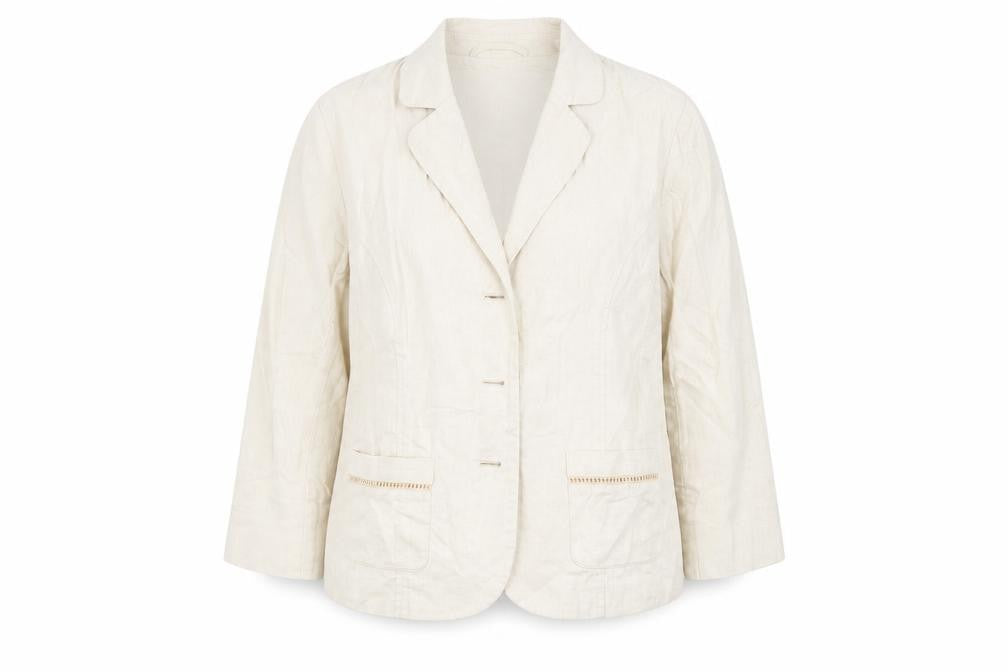 Front view of ISLE women’s beige jacket blazer, size UK 12