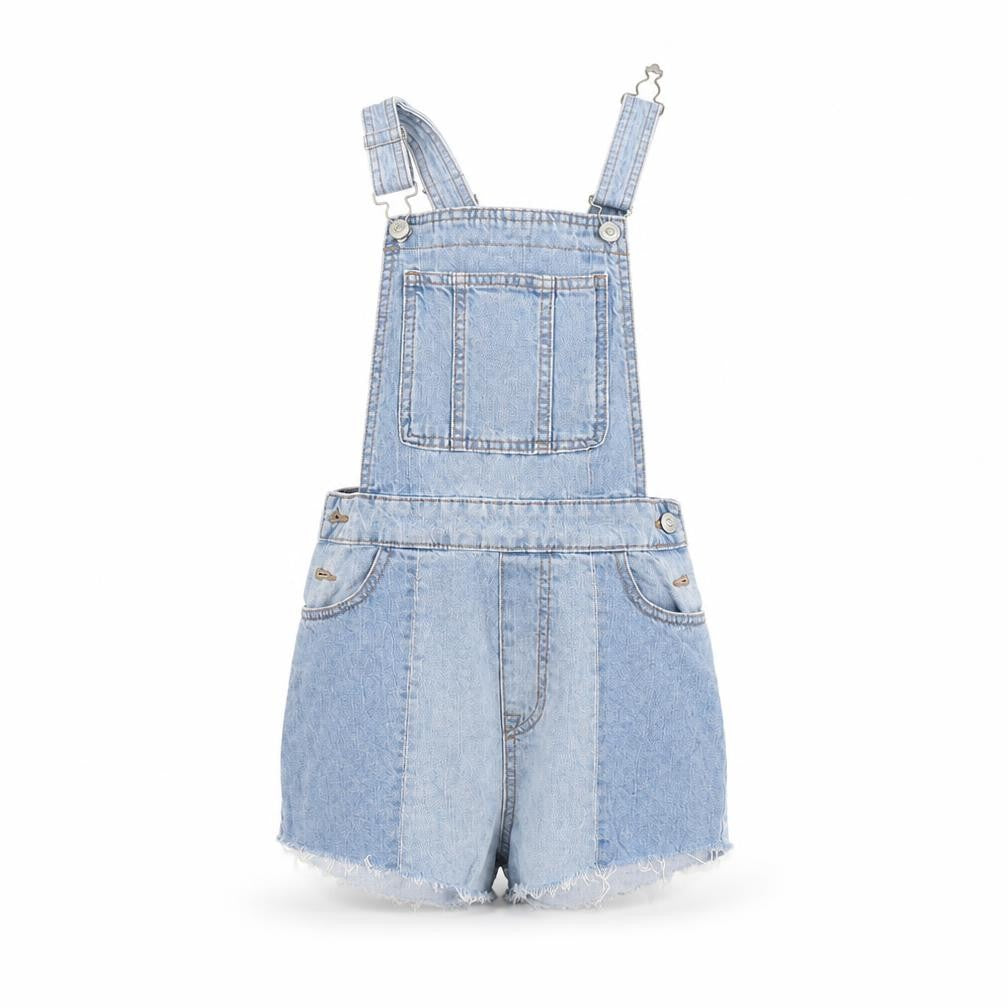 Front view of H&M women’s blue dungaree one-piece, size UK 4