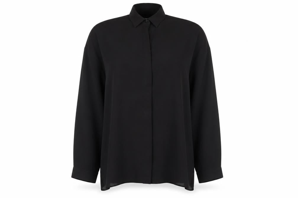 Front view of ASOS women’s black basic blouse, size UK 8