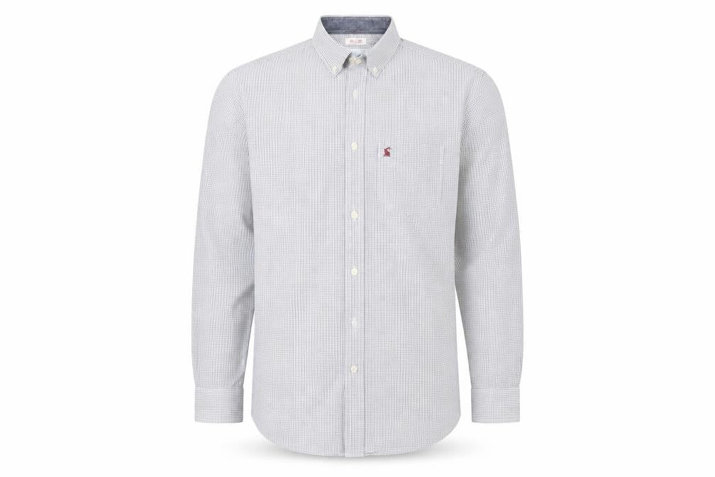 Front view of Jonles men’s white plaid button-up, size M