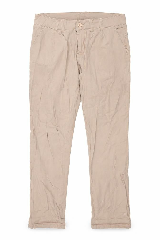 Front view of Rue Paris women’s beige straight jeans, size UK 8, 30-inch leg