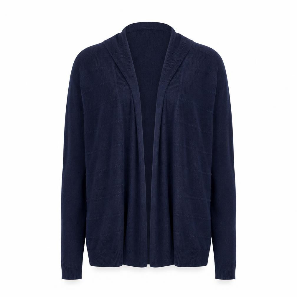 Front view of Maine New England women’s blue knit cardigan jumper, size UK 14