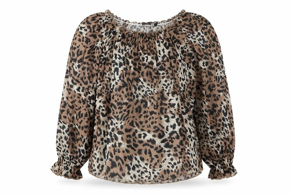 Front view of Pep&Co women’s brown animal print basic blouse, size UK 8