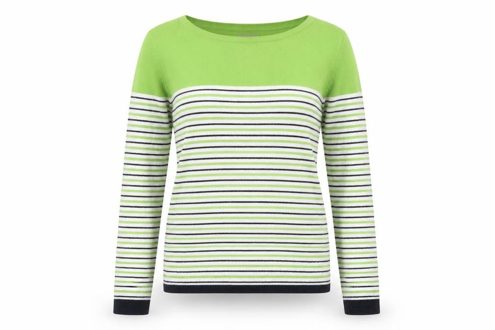 Front view of Kem women’s green striped knit jumper, size UK 10