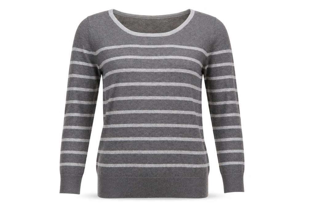 Front view of Preworn women’s grey striped knit jumper, size UK 14