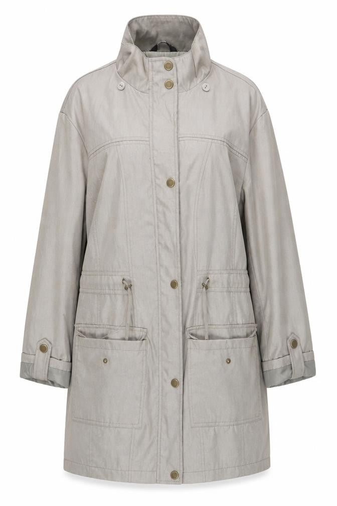Front view of Classics women’s beige jacket coat, size UK 12