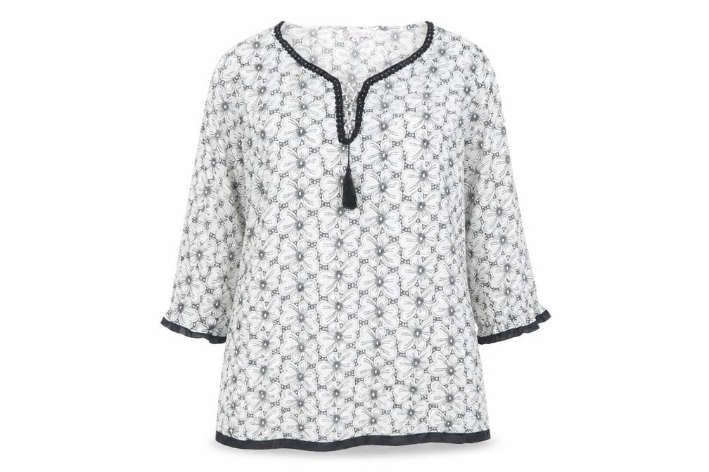 Front view of Karisma women’s black geometric basic blouse, size XL