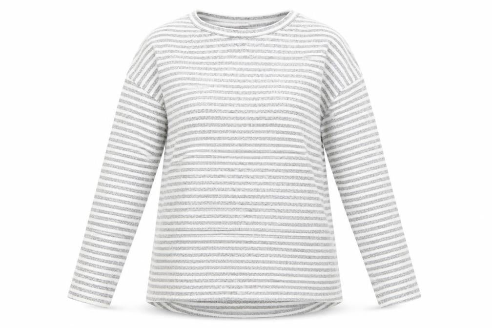 Front view of Peacocks women’s grey striped jumper, size UK 12